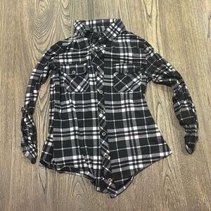 Polly Esther Button-Up Plaided Shirt Long Sleeve Chest Pocket Black White Size S